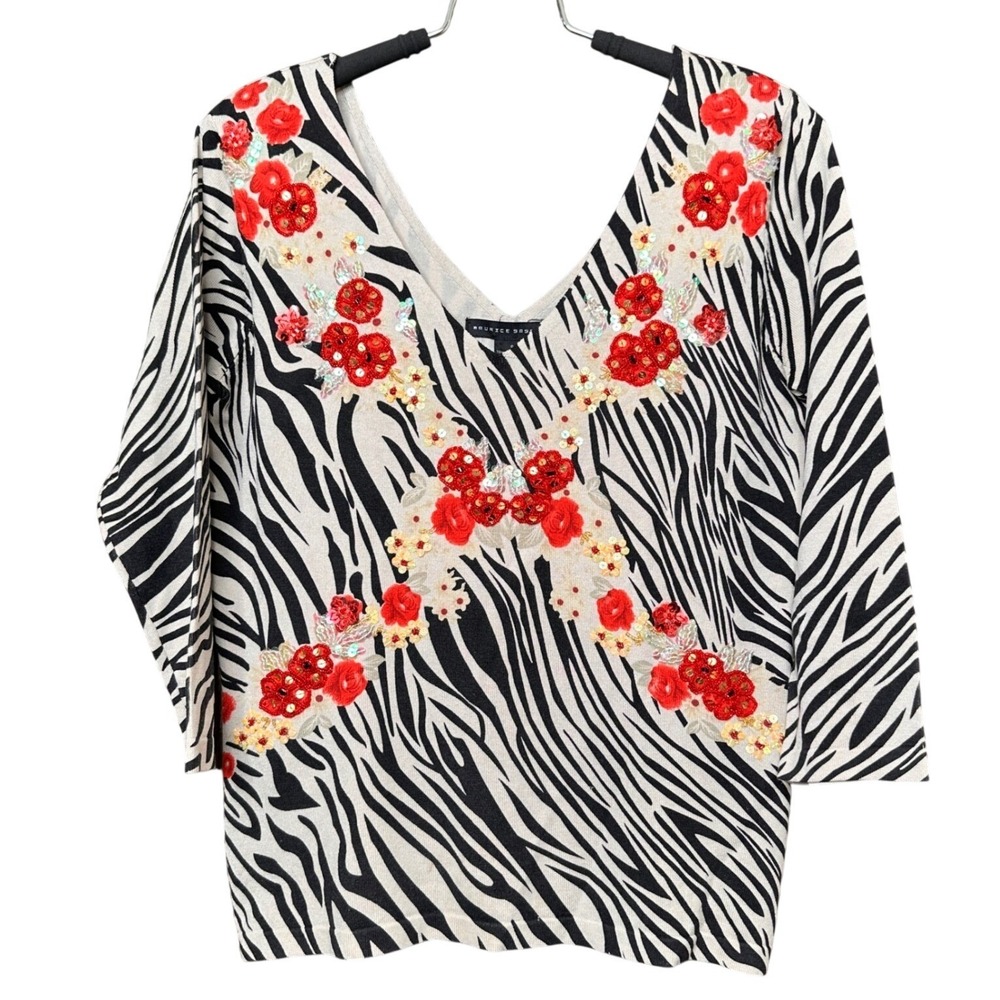 Maurice Sasson Zebra Print Silk Blend Blouse Top Embellished Red Beads Sequins S